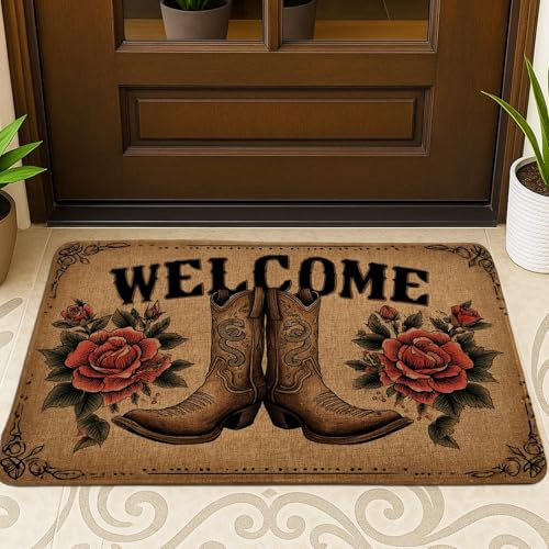 Fußmatte mit Western-Cowboystiefeln, rustikales Blumenmuster, Willkommensmatte für den Innen- und Außenbereich, Bauernhaus-Dekor, rutschfeste, saugfähige Fußmatten, leicht zu reinigen, 73,2 x 43,2 cm