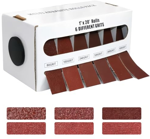 GOEDCH Rollo de papel de lija: 6 rollos de 6 m x 25 mm, rollo de 6 granos, grano 80, 150, 240, 320, 400, 600, rollos de papel de lija con caja dispensadora, para madera, metal, muebles