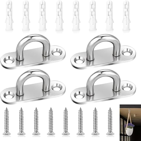 SHYSBV Stainless Steel Eye Plate Hooks 4P, Heavy Duty D Rings for Ceiling | Silver Pad Eyes with Carabiner Clips & U Brackets for Marine, Wall Mount Rigging & Hanging, Includes Screws
