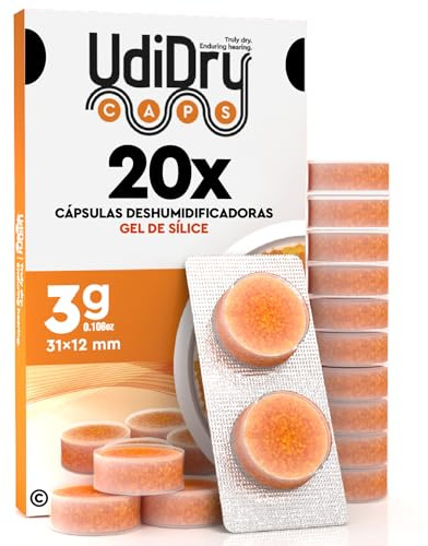 20 Capsule Deumidificanti per Apparecchi Acustici UdiDry Caps 3g 31mm con Gel di Silice Anti Umidità di Alta Qualità - Capsule Essiccanti con Indicatore di Colore per Asciugatura Protesi Acustiche