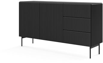 FURNLUX Muti Sideboard, Black, MDF/Chipboard, 147 x 40 x 81 cm, 2 Doors, 4 Shelves, 3 Drawers, Modern, Living Room