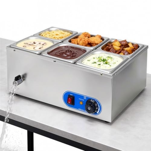 YUZINO 6 Bacs Chauffe Plat Electrique, 1500W Tempereuse A Chocolat 220V Acier Inoxydable Chauffe-Plats Commercial TempéRature RéGlable 30-80 °C Convient pour Chauffer Le Beurre Lait