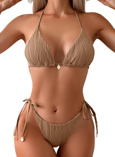 Herseas Women's Textured Sexy Brazilian Brown Bikini Sets Halter V Neck Shell Decoration Swimsuits Lace Up Side Bottom Thong Stretchy Bathing Suits Charming Beach Outfits