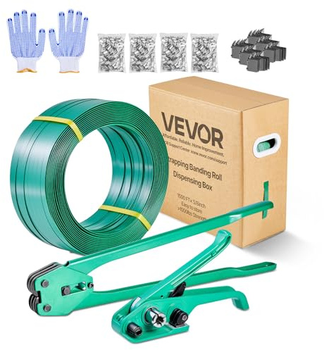 VEVOR Set di Reggiatura per Cinghie Plastiche, Rotolo di Reggetta in PET da 457 m, Kit di Reggiatrice Manuale per Spedizione Pallet Trasloco con 450 Sigilli Metallici, 150 Protezioni Angolari e Guanti