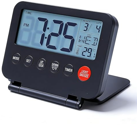 Vellux Travel Alarm Clock, Digital Alarm Clock with Loud & Silent Mode, Foldable Portable Clock for Bedside, Desk and Travel, Small Compact Design, 12/24H Time, Calendar, Temperature, Snooze Function