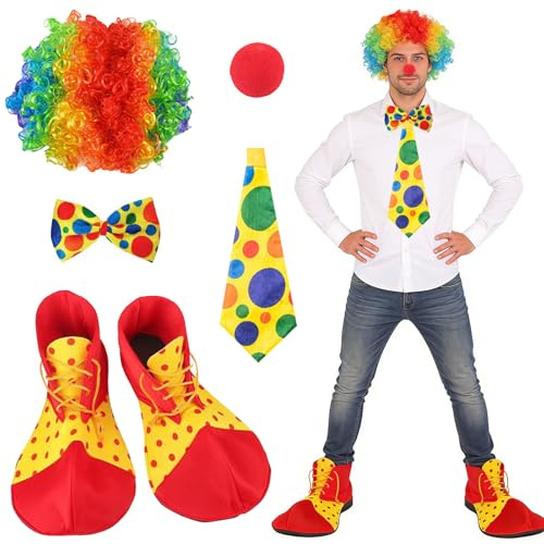 Clown Kostüm Set,6 Stück Clown Kostüm Accessoire,Clowns Lockenperücke Regenbogen,Clowns Kostümzubehör,Regenbogen-Perücke,Zirkus Clownkostüms,Zirkus Zubehör,für Karneval,Fasching,Mottoparty,Halloween