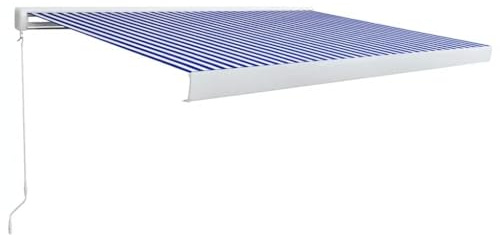 Manuelle Kassetten-Markise 400x300 cm Blau Weiß, Einziehbare Terassenmarkise mit Aluminiumrahmen und Polyestergewebe, 4 Wandhalterungen für einfache Montage, UV-beständige