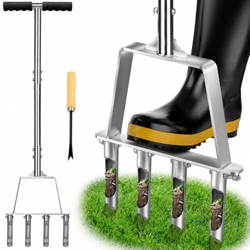 Qdreclod Aérateur de Gazon Manuel en Acier Inoxydable, Aérateur de Pelouse à 4 Dents Creuses avec Manche Long, Outil de Jardin pour Dégazonner et Aérer la Terre Compacte, Sol Argileux et Sableux