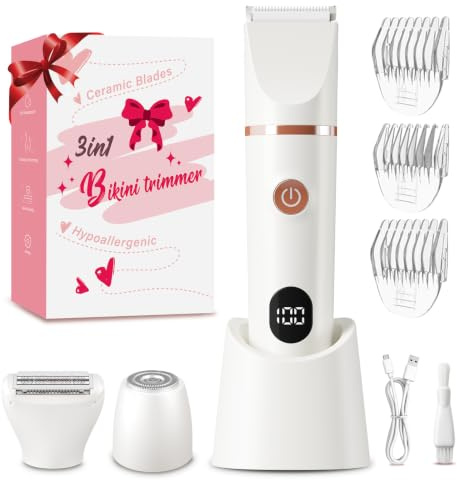 3-in-1 Lady Shavers for Women IPX7 Waterproof Intimate Hair Bikini Trimmer | Gentle Ceramic Blades, LED Indicator, 600mAh Battery, Cordless Operation, 4 Length Guards, Easy to Clean, Type-C Charging