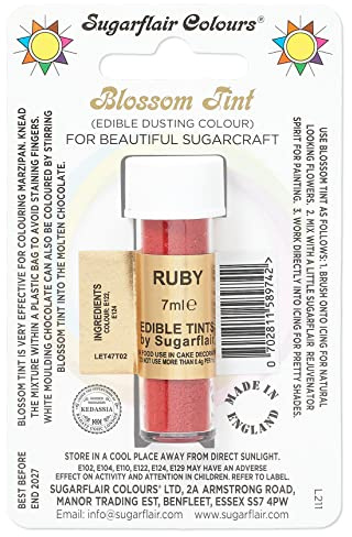 Sugarflair Blossom Tint Dusting Lebensmittelfarbe Pulver, Ruby, 7 ml | Essbares Farbpulver für Fondant, Marzipan und Zuckerblumen, Lebensmittelfarbe Pulver zum Dekorieren und Bemalen