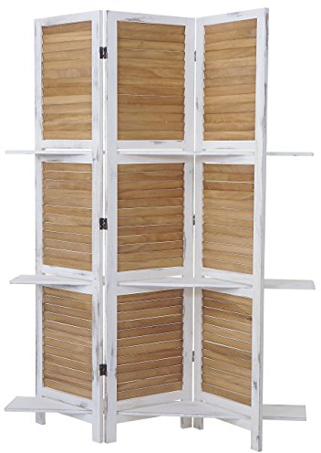 Mendler Paravent T752, Trennwand Raumteiler mit Regalböden 170x125cm, Shabby Look - weiß/braun