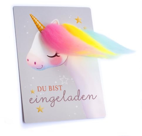 Einhorn Einladung | Einladungskarten Kindergeburtstag Mädchen | 8X glitzer Einladungen mit echter plusch Mähne inkl. Umschlägen