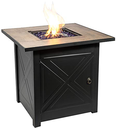 Teamson Home Propangas-Feuerstelle für den Garten, Tischbrenner, Rauchfreie Feuerstelle, Terrassenmöbelheizung mit Deckel, Glasscheibe, Lavasteinen und Abdeckung