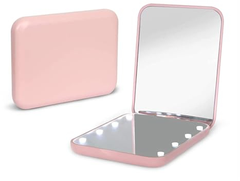 Kintion Pocket Mirror, 1X/3X Magnification LED Compact Travel Makeup Mirror with Light for Purse, 2-Sided, Portable, Folding, Handheld, Small Lighted Mirror for Gift, Pink