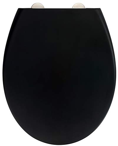 WENKO Premium WC-Sitz Ikaria Schwarz matt, Toilettensitz mit Absenkautomatik für sanftes Deckelschließen, Soft-Touch-Effekt, Fix-Clip Hygienebefestigung, aus antibakteriellem Duroplast, 37,5 x 44,5 cm