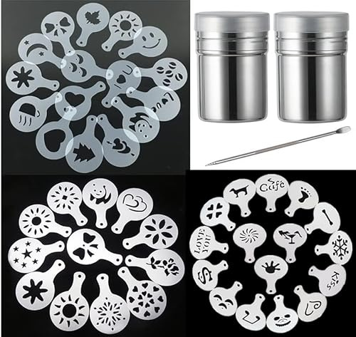 Magnoloran 44 Coffee Stencils+2 Mesh Powder Shakers+1 Coffee Latte Art Pen, Coffee Decoration Stencils Coffee Art Templates Coffee Mold Tool for Christmas Thanksgiving Cake Coffee