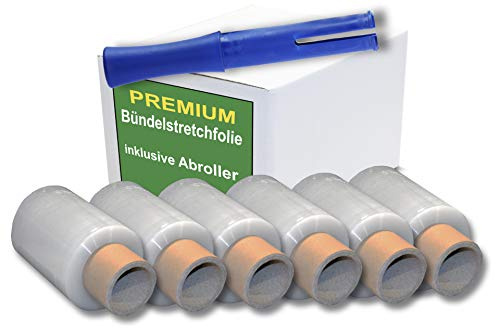 SET Mini Stretchfolie - 100 mm breit - 150 m je Rolle - Bündelstretchfolie/Handystretchfolie - Ministretchfolie Plastic Wrap Wickelfolie transparent zäh & reißfest (Transparent, 6 Rollen + 1 Abroller)