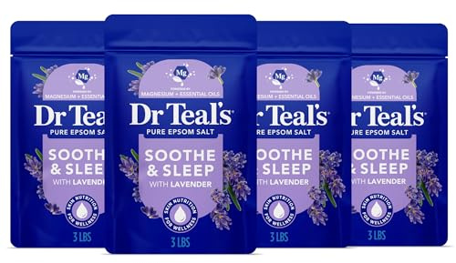 Dr Teal's Pure Epsom Magnesium Salt Soak, Soothe & Sleep with Lavender, 3 lb (Pack of 4)