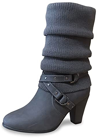 Queentina Damen Stiefel Strick Stiefeletten mit Absatz - Boots Strickschaft High Heels Reißverschluss - Outdoor Schuhe Winter - ST62 Grau Größe 40