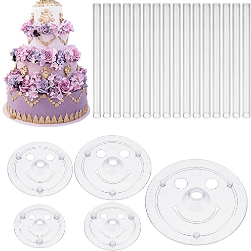 FYSL 5 Pièces Presentoir à Gateau Supports à Gâteau et 15 Dowels pour Gateau ​Réutilisable Planches à Gâteau en Plastique pour la Construction et Lempilage de Gâteaux à Plusieurs Niveaux