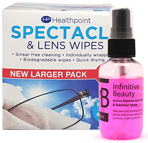 Healthpoint Glasses Wipes & Disinfectant Spray - 520 Individually Wrapped Lens Wipes - Also Suitable for Cameras, Binoculars & Smartphone Screens (10 Extra Value Packs of 52 = 520 Wipes)