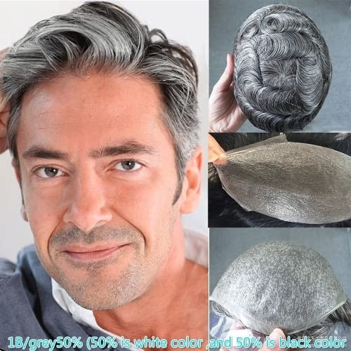 Toupet für Männer mit 100 % europäischem Echthaar, 25,4 x 20,3 cm, ultradünnes Haar, für Herren, 0,06 mm, Toupet Haare mit 50 % graues Kunsthaar))