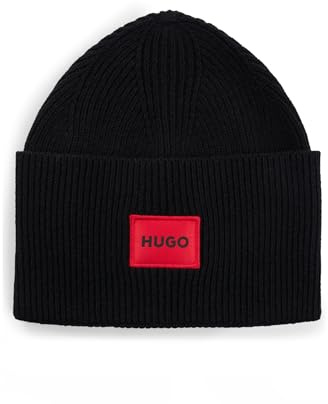 HUGO herr Xaff 6 ribbad mössa med röd logotypetikett, Black1, one size