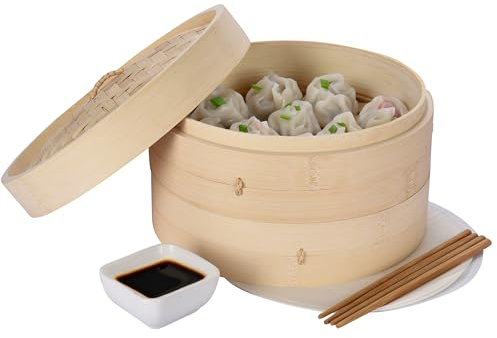 Vdomus Bambus-Dampfkorb – 25,4 cm Teigtaschen-Dampfgarer, Dim Sum & Dutt Dampfgarer mit Essstäbchen – Bao Bun Dampfkorb für köstliche chinesische oder asiatische Küche – Naturholz, braun, runde Form