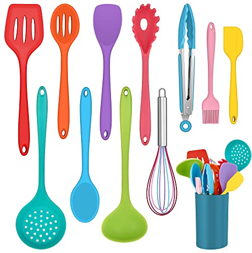 Set di utensili da cucina, onader, 12 pezzi, in silicone, antiaderenti, resistenti al calore, set di utensili da cucina con porta utensili, lavabili in lavastoviglie, multicolore