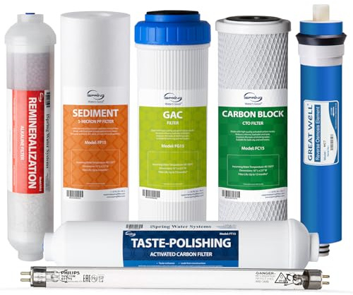 iSpring F7KU75 NSF Certified Replacement Under-Sink Water Filter Cartridges Set for 7-Stage 75 GPD Membrane Reverse Osmosis RO Water Filtration Systems with Alkaline Mineral Filter and UV Bulb