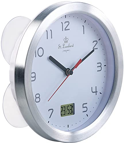St. Leonhard Funkwanduhr: Badezimmer-Funk-Wanduhr mit Thermo- und Hygrometer, Alu-Rahmen, Weiß (Outdoor Uhr, Funk Baduhr, Digital analog)