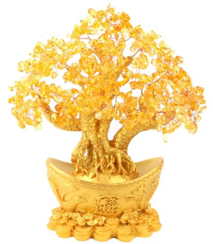 Feng Shui Money Tree Citrine Gemstone Golden Crystal Lucky Tree for Wealth Fortune Prosperity Success DIY Home Decoration
