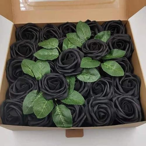 ZEYRU 25/80 Stück 8 cm synthetische PE-Schaumrosen Brautstrauß Hochzeit Partydekorationen Sammelalbum DIY Blumen-schwarz, 25 Stück verpackt