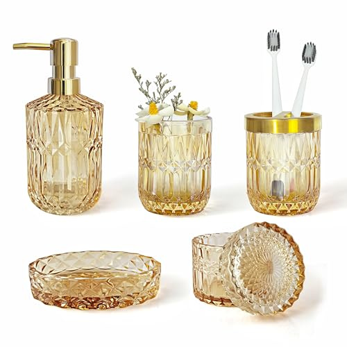 LaMarriti Juego de 5 accesorios de baño de cristal dorado transparente, dispensador de loción, jabonera, vaso, tarros de hisopo de algodón, soporte para cepillos de dientes, dorado, amarillo y naranja