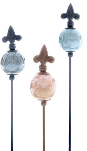ETC dekorativer ausgefallener Gartenstecker Motiv Lilie Metall mit farbigen Kugeln in grau rosa hellgrau im 3-er Set