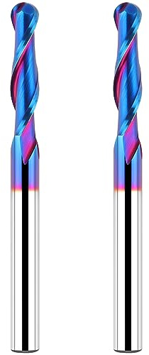 EANOSIC 2PCS Carbide Ball Nose CNC Router Bit 1/4 Shank, Extra Long 3 Spiral Ball Nose End Mill Wood Milling Tool with Blue Nano NACO Coating