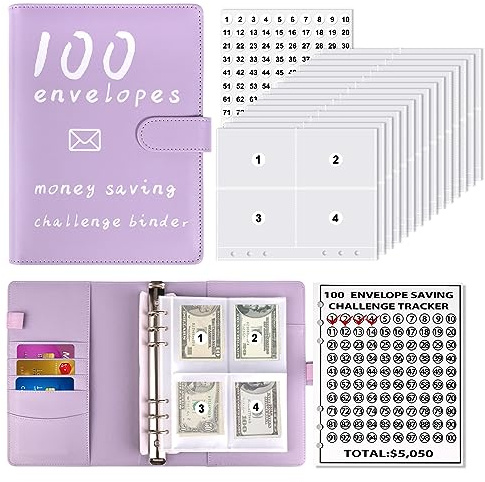 Vodolo 100 Envelopes Money Savings Challenge Book, Budgeting Binder and Cash Saving Kit with Pouches, Family Emergency Binder (Purple)