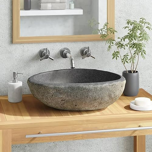 Homgoday Toppmonterat handfat, tvättställ sten hängande handfat med öppning för avlopp antracit handfat badrum oval bänkskiva inre yta välpolerad badrum flodsten 29–38 cm