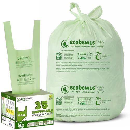 ECOBEWUS 100% Compostable 13 Gallon Bags (35 Bags) Tall Kitchen Food Scrap Disposable Compost Trash Bgas Certified Composte Bags US BPI & OK Compost Home Certified by Meeting ASTM D6400 (35 ct.)