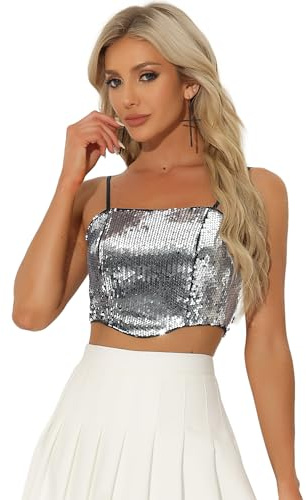 Allegra K Donna Top con Paillettes per Canottiere Corte Senza Maniche Scintillante da Festival da Club Festa Argento S