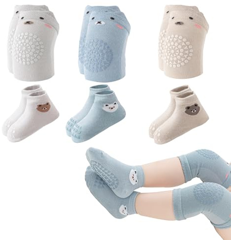 Knieschoner Baby Krabbeln, 3Paar Krabbelschutz Baby Knie und Krabbelsocken