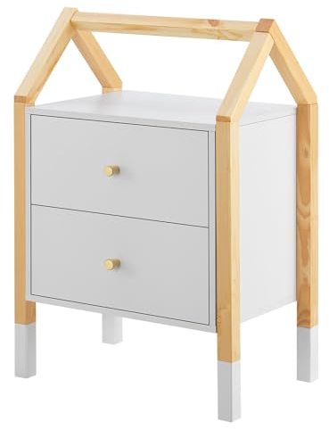 Juskys Kinder Nachttisch Enny mit 2 Schubladen - Nachtschrank klein, schmal & modern - Kommode aus Holz - Hausdesign - Nachtkästchen Weiß Natur
