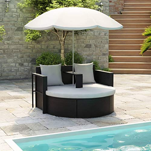 FENLAX Gartenbett mit Sonnenschirm Braun Poly Rattan 130x58x77 cm Poolliege Outdoor Gartenbett Outdoor Gartenliege Polyrattan Liegesessel Outdoor Komfortable Schlafliege Gartenmöbel Liege