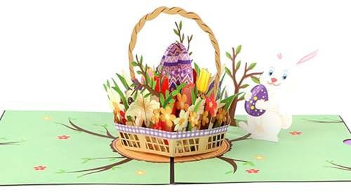 IHCEMIH Osterkarten, 3D-Pop-Up-Frohe Ostern-Karte für Kinder, fröhliche Osterhasen-Eier-Korb-Blumen-Grußkarte mit Umschlag, Oster-Geschenk-Papierkarten für Kinder, Kinder, Enkel, Freunde, Familie