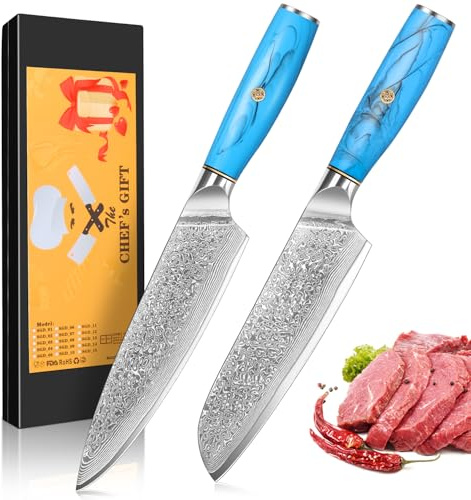 Damascus Kitchen Knife Set, 2 PCS, Chef's Knife Set Made of 67 Layers of Vg-10 Damascus Steel, Ergonomic Natural Resin Handle, Gift Box, use for Home Restaurant Kitchen