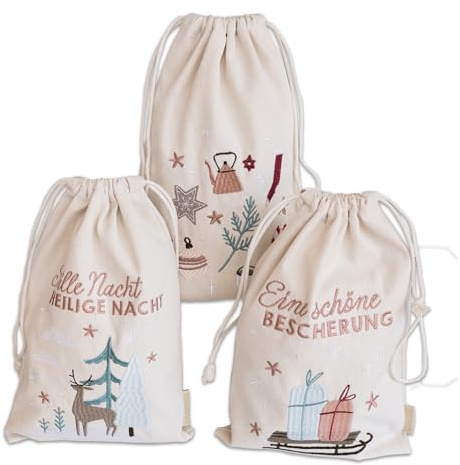 Papierdrachen Geschenkverpackung Weihnachten 2025 - Stoffbeutel 3er Set - 20×30 cm - beige-pastell mit Stickerei - wiederverwendbar zum Befüllen