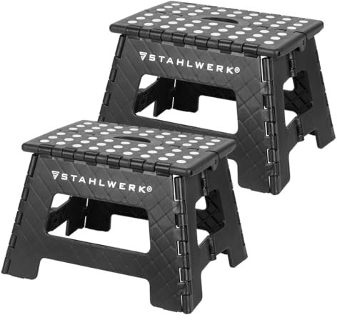 STAHLWERK KT-2 ST Lot de 2 marchepieds pliants avec capacité de charge de 150 kg | Tabouret pliant | Échelle pliante | Escabeau avec marche antidérapante