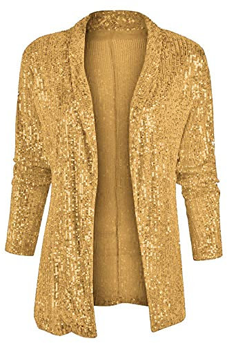 XINGFEN Cardigan Donna,Blazer con Paillettes da Donna A Maniche Lunghe con Collo A Scialle Cardigan Glitterato Bomber Cappotto Aperto sul Davanti Spolverino per Serate Ballo di Fine Anno Oro XXL