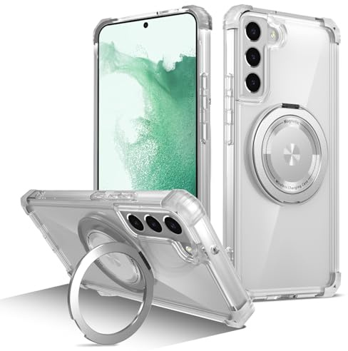 Kainevy for Samsung S22 Plus Case Clear Magnetic for MagSafe with Metal Stand Ring Holder Phone Cover for Samsung Galaxy S22 Plus Case Heavy Duty Thin Hard, 8X Mil-Grade Shockproof Protective (Clear)