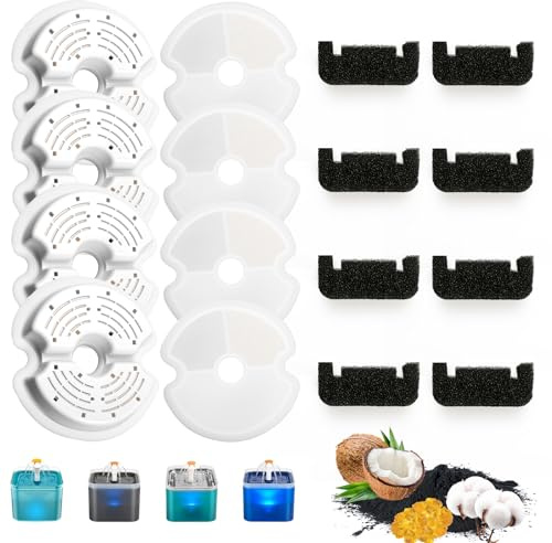 KOMABLEN 8 Piezas Filtros Fuente Gatos, 8+8 Filtro Fuente Gato Redondo de Repuesto, Filtración Cuádruple Filtro Bebedero Fonte de Agua Carbón Activado de Resina Perro Animal